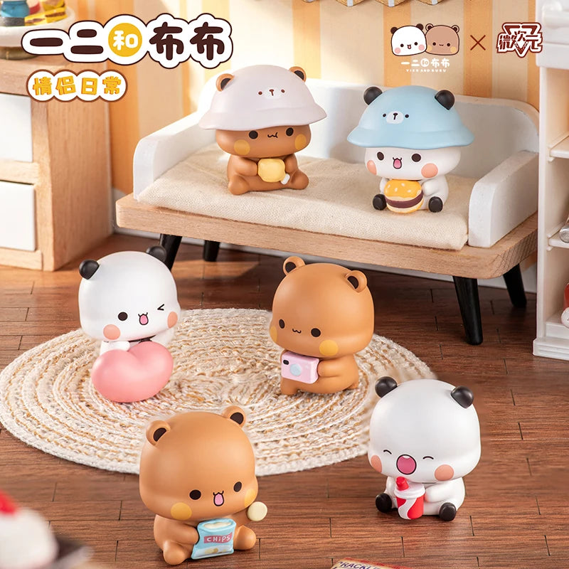 Bubu and Dudu blind box figures on a sofa and rug
