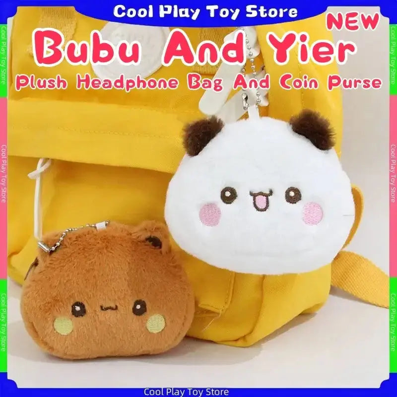 Plush headphone bag and coin purse featuring cute Bubu and Yier designs attached to a stylish yellow backpack.