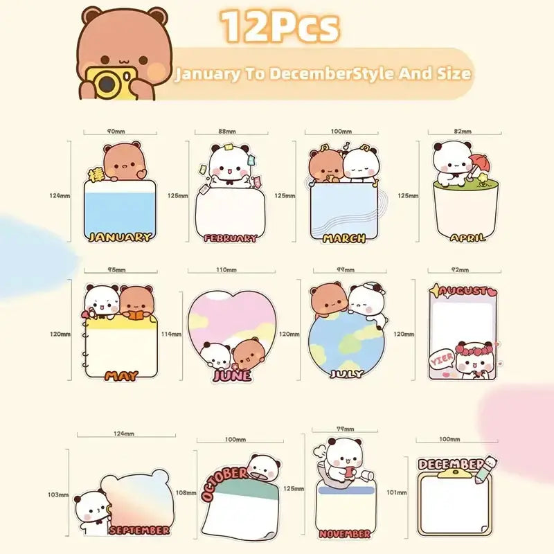 Original Panda Bubu And Yier Magnetic Message Post Cute Pattern Rewritable Magnetic Refrigerator Sticker 1-12month Message Board DuduBubuShop.com