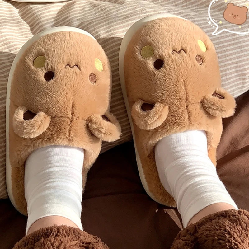 Brown bear Bubu and Dudu plush slippers worn with white socks