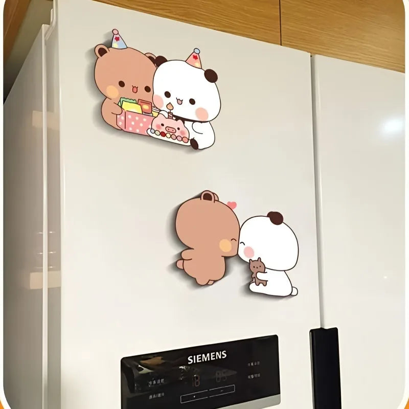 Bubu and Dudu party fridge magnets on a fridge door