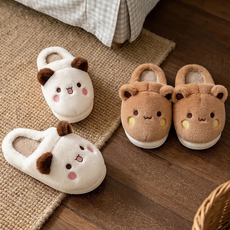 White panda and brown bear Bubu and Dudu slippers side by side