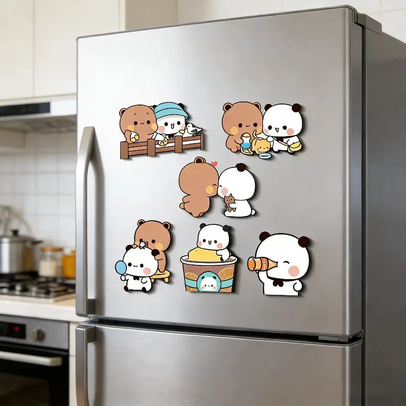Bubu and Dudu fridge magnets on a stainless steel fridge