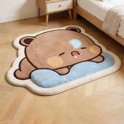 Bubu and Dudu brown bear sleeping on a blue pillow plush rug