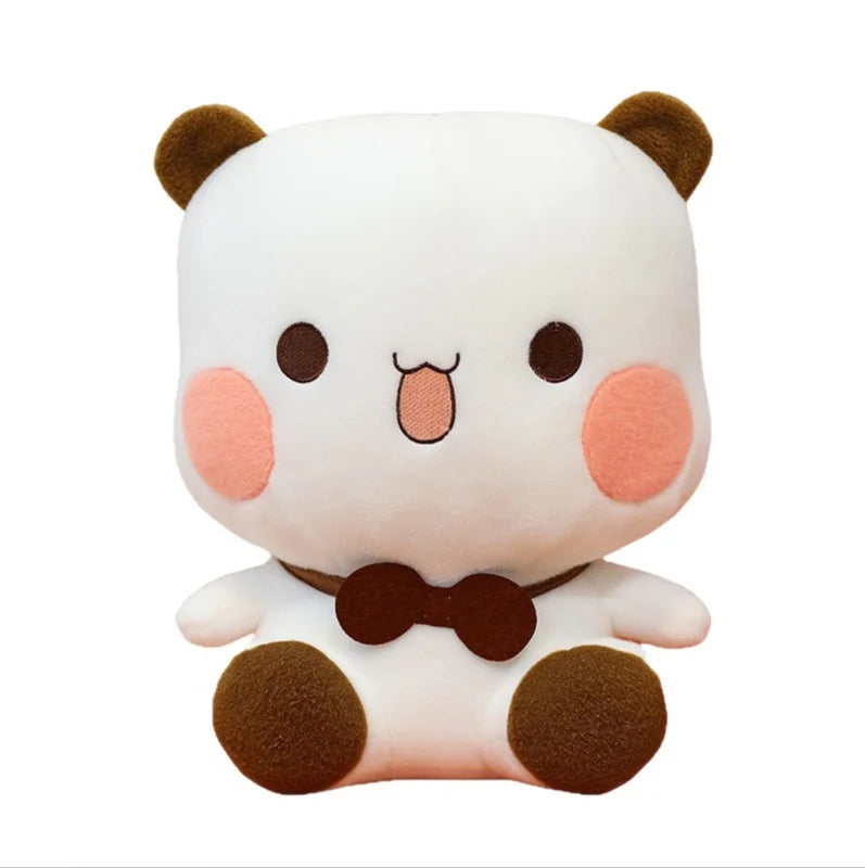 White panda Bubu and Dudu plush with a brown bow tie
