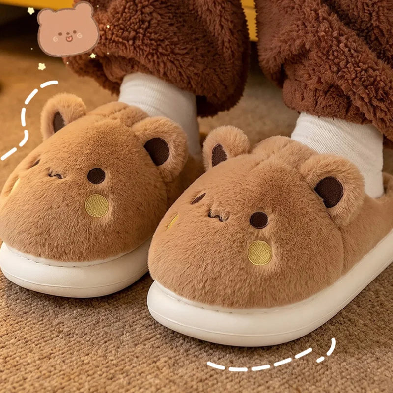 Brown bear Bubu and Dudu plush slippers worn at home